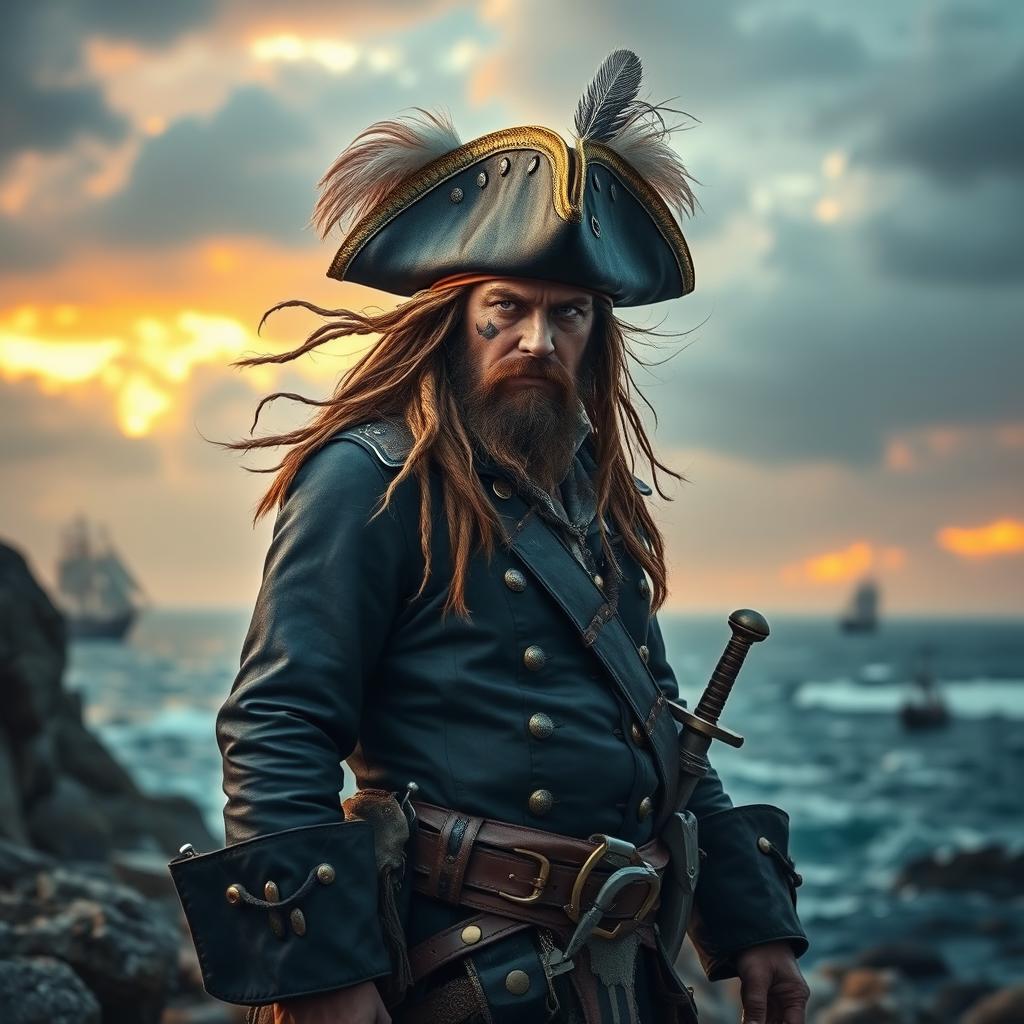 A fierce pirate warrior standing proudly on a rocky shoreline, slightly turning his head to look a bit to the left