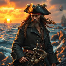 A fierce pirate warrior standing proudly on a rocky shoreline, slightly turning his head to look a bit to the left