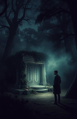 A mysterious scene depicting a hidden truth, with a dimly lit forest where an ancient, crumbling stone altar is partially obscured by overgrown vines and flowers