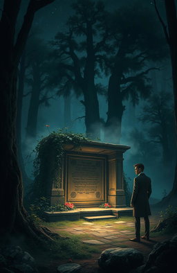A mysterious scene depicting a hidden truth, with a dimly lit forest where an ancient, crumbling stone altar is partially obscured by overgrown vines and flowers