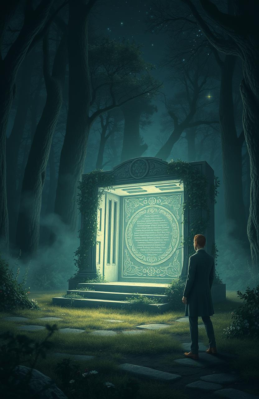 A mysterious scene depicting a hidden truth, with a dimly lit forest where an ancient, crumbling stone altar is partially obscured by overgrown vines and flowers