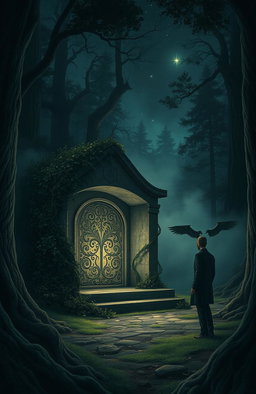 A mysterious scene depicting a hidden truth, with a dimly lit forest where an ancient, crumbling stone altar is partially obscured by overgrown vines and flowers