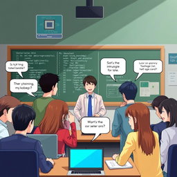 A university group chat scene depicting a microprocessor and assembly language course