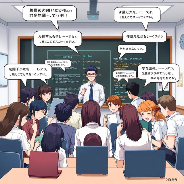 A university group chat scene depicting a microprocessor and assembly language course