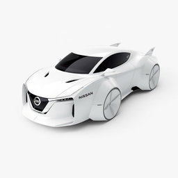 A futuristic spaceship designed to resemble a sleek Nissan car, featuring smooth lines and modern aesthetics
