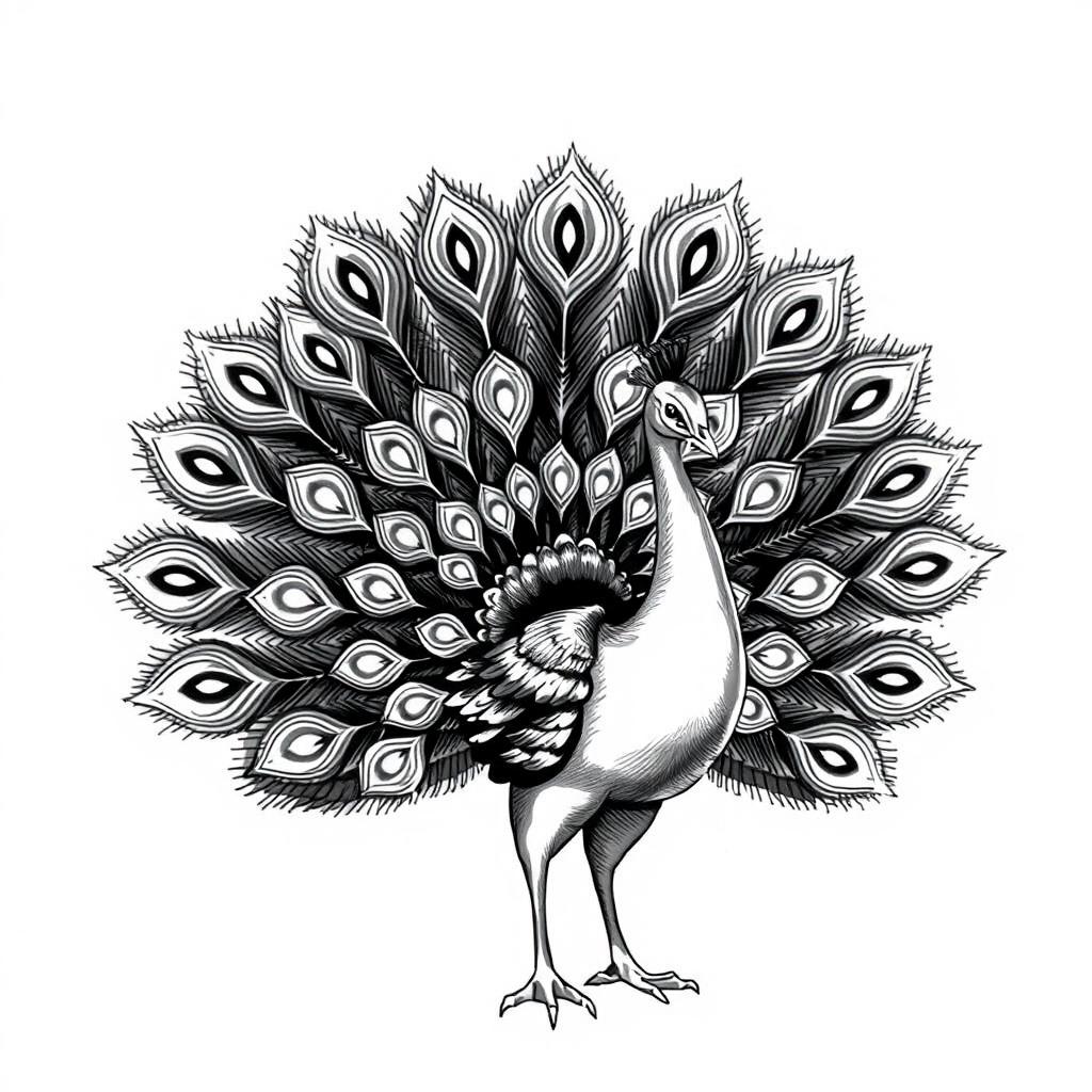 A 2D vintage-style illustration of a peacock with its tail fully spread, meticulously rendered in black and white