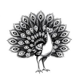 A 2D vintage-style illustration of a peacock with its tail fully spread, meticulously rendered in black and white