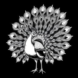 A 2D vintage-style illustration of a peacock with its tail fully spread, meticulously rendered in black and white