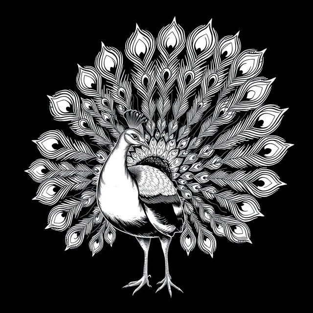 A 2D vintage-style illustration of a peacock with its tail fully spread, meticulously rendered in black and white