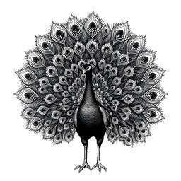 A 2D vintage-style illustration of a peacock with its tail fully spread, meticulously rendered in black and white