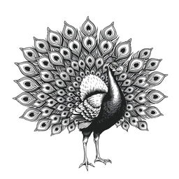 A 2D vintage-style illustration of a peacock with its tail fully spread, meticulously rendered in black and white