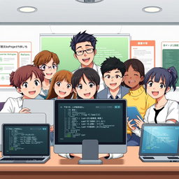 An anime-style illustration of a university group chat scene featuring a virtual group photo of students and a teacher