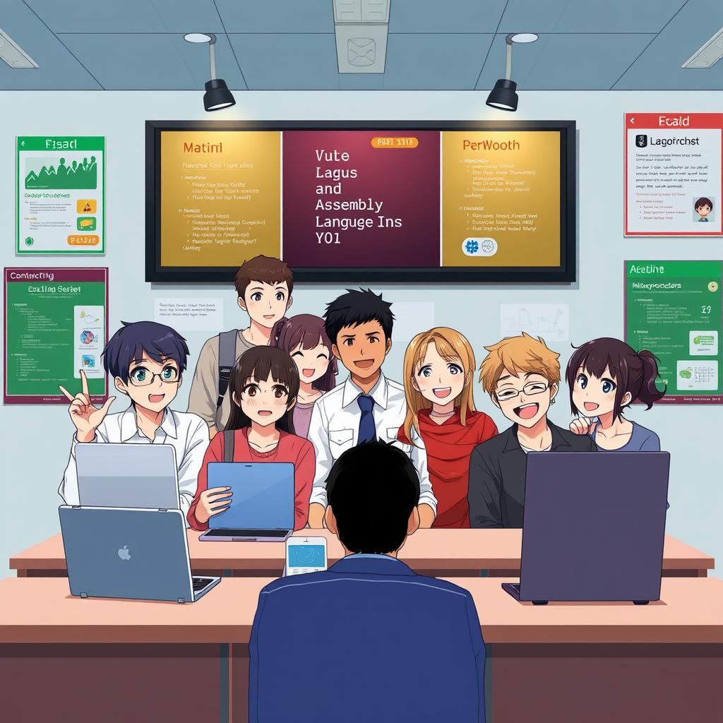 An anime-style illustration of a university group chat scene featuring a virtual group photo of students and a teacher