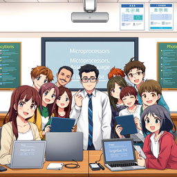 An anime-style illustration of a university group chat scene featuring a virtual group photo of students and a teacher