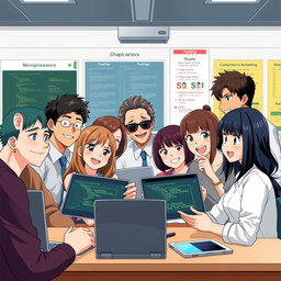 An anime-style illustration of a university group chat scene featuring a virtual group photo of students and a teacher