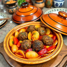 A beautifully plated Moroccan tagine dish featuring spiced kofta meatballs, surrounded by layers of thinly sliced potatoes, fresh tomatoes, and onions, all baked in a rich tomato sauce
