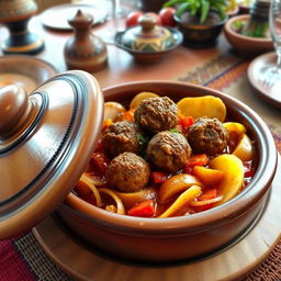 A beautifully plated Moroccan tagine dish featuring spiced kofta meatballs, surrounded by layers of thinly sliced potatoes, fresh tomatoes, and onions, all baked in a rich tomato sauce