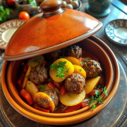 A beautifully plated Moroccan tagine dish featuring spiced kofta meatballs, surrounded by layers of thinly sliced potatoes, fresh tomatoes, and onions, all baked in a rich tomato sauce