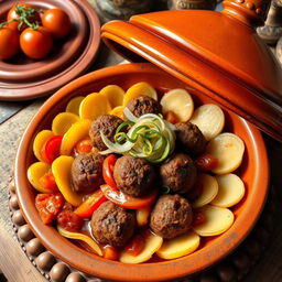 A beautifully plated Moroccan tagine dish featuring spiced kofta meatballs, surrounded by layers of thinly sliced potatoes, fresh tomatoes, and onions, all baked in a rich tomato sauce