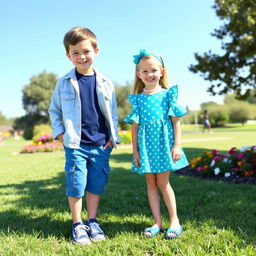 A stylish boy and girl duo wearing matching outfits in a blue theme