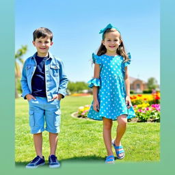 A stylish boy and girl duo wearing matching outfits in a blue theme