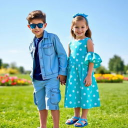 A stylish boy and girl duo wearing matching outfits in a blue theme