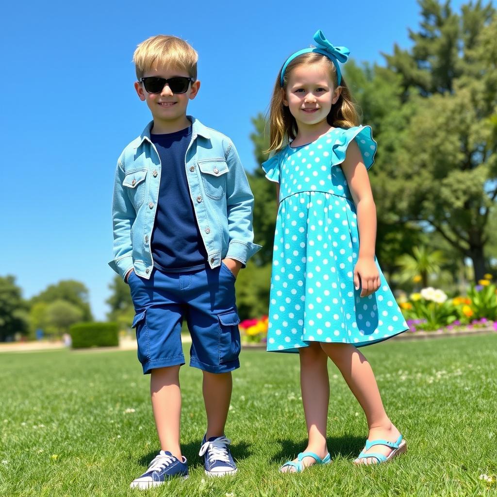 A stylish boy and girl duo wearing matching outfits in a blue theme