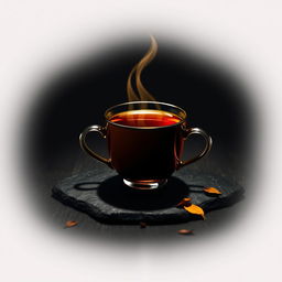 A stylized cup of tea with steam rising, set against a dark, moody background