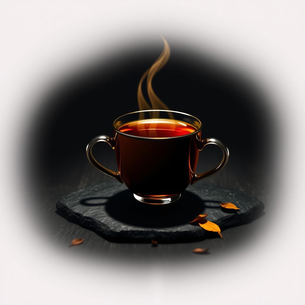 A stylized cup of tea with steam rising, set against a dark, moody background