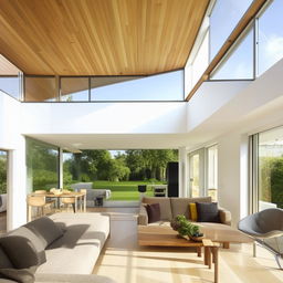 Bright and spacious modern open-plan living room with large windows