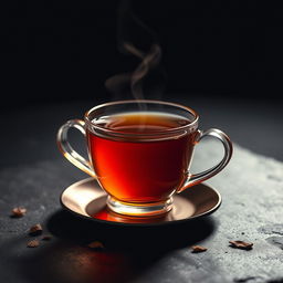 A stylized cup of tea with steam rising, set against a dark, moody background