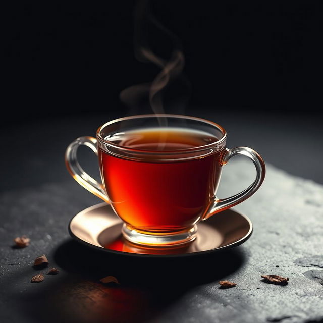A stylized cup of tea with steam rising, set against a dark, moody background