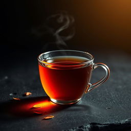 A stylized cup of tea with steam rising, set against a dark, moody background