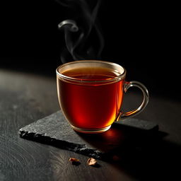 A stylized cup of tea with steam rising, set against a dark, moody background