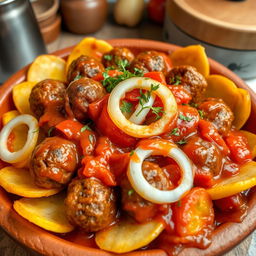 A tantalizing dish of Egyptian Kofta Tajin, featuring succulent kofta meatballs made from ground beef, perfectly shaped and arranged