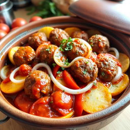 A tantalizing dish of Egyptian Kofta Tajin, featuring succulent kofta meatballs made from ground beef, perfectly shaped and arranged