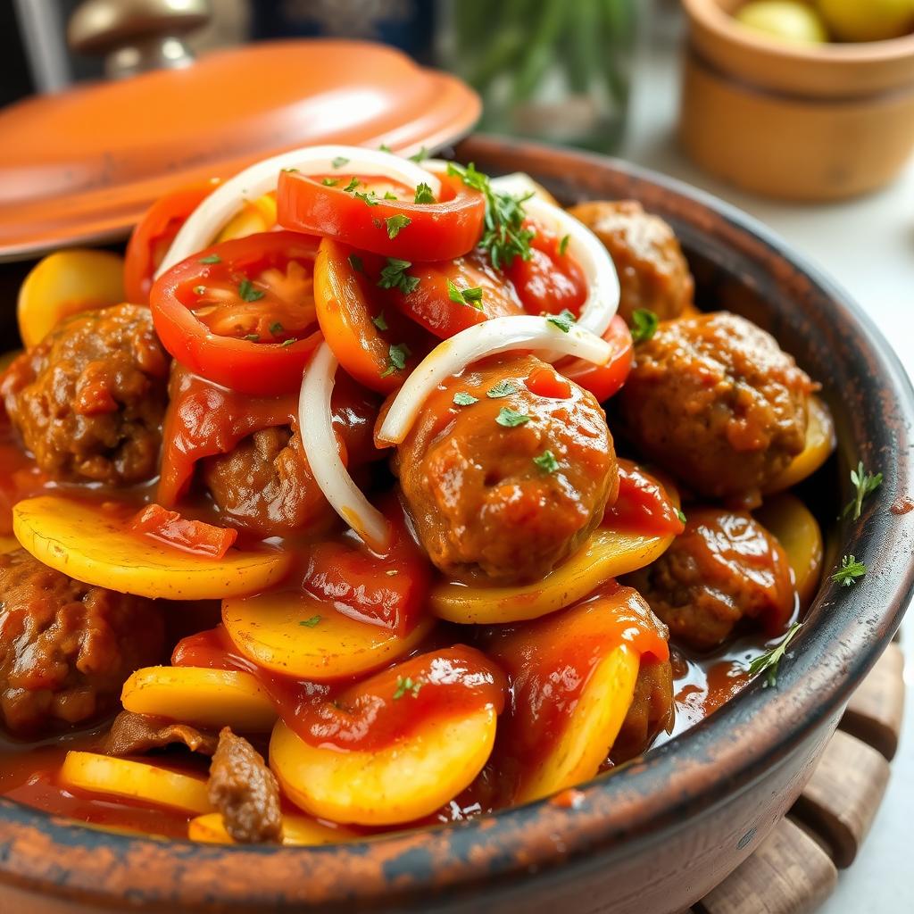 A tantalizing dish of Egyptian Kofta Tajin, featuring succulent kofta meatballs made from ground beef, perfectly shaped and arranged