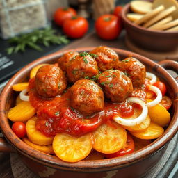 A tantalizing dish of Egyptian Kofta Tajin, featuring succulent kofta meatballs made from ground beef, perfectly shaped and arranged