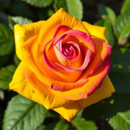 A stunning yellow rose with intense hues of violet, showcasing vibrant petals that seamlessly blend the rich yellow color with hints of violet
