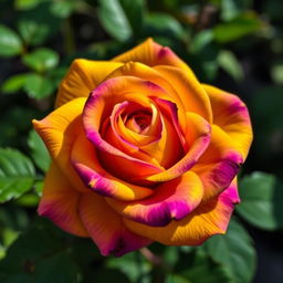 A stunning yellow rose with intense hues of violet, showcasing vibrant petals that seamlessly blend the rich yellow color with hints of violet