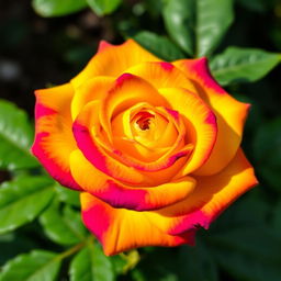 A stunning yellow rose with intense hues of violet, showcasing vibrant petals that seamlessly blend the rich yellow color with hints of violet