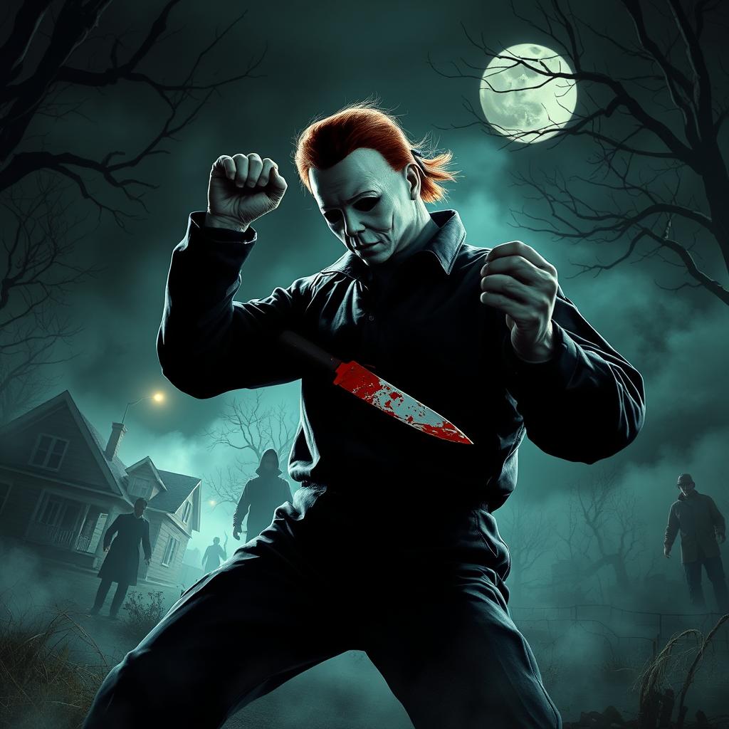 Michael Myers from Halloween depicted in a terrifying and horrific scene, actively engaged in a murder