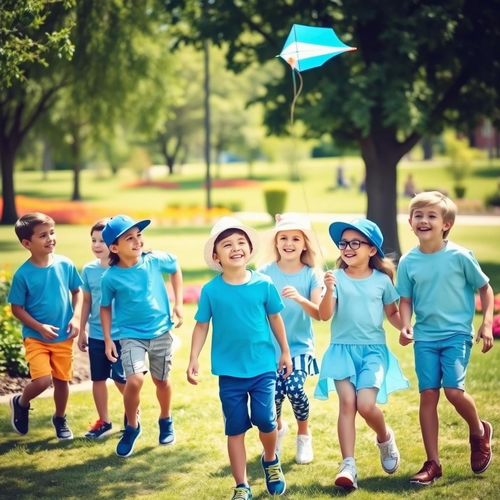 A vibrant outdoor scene featuring a group of young boys and girls dressed in stylish blue-themed clothing