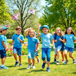 A vibrant outdoor scene featuring a group of young boys and girls dressed in stylish blue-themed clothing