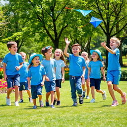 A vibrant outdoor scene featuring a group of young boys and girls dressed in stylish blue-themed clothing