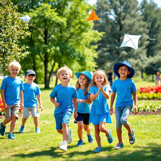 A vibrant outdoor scene featuring a group of young boys and girls dressed in stylish blue-themed clothing