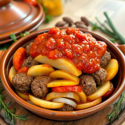 A delicious and beautifully presented dish of Egyptian Kofte Tagine made with seasoned minced meat shaped into sausages, layered with slices of tender potatoes, juicy tomatoes, and onions
