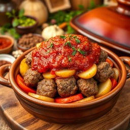 A delicious and beautifully presented dish of Egyptian Kofte Tagine made with seasoned minced meat shaped into sausages, layered with slices of tender potatoes, juicy tomatoes, and onions