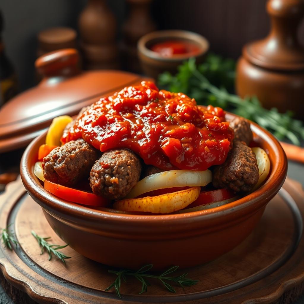 A delicious and beautifully presented dish of Egyptian Kofte Tagine made with seasoned minced meat shaped into sausages, layered with slices of tender potatoes, juicy tomatoes, and onions