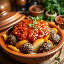 A delicious and beautifully presented dish of Egyptian Kofte Tagine made with seasoned minced meat shaped into sausages, layered with slices of tender potatoes, juicy tomatoes, and onions
